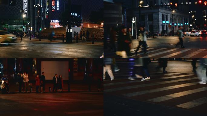 夜晚人流街道路口素材