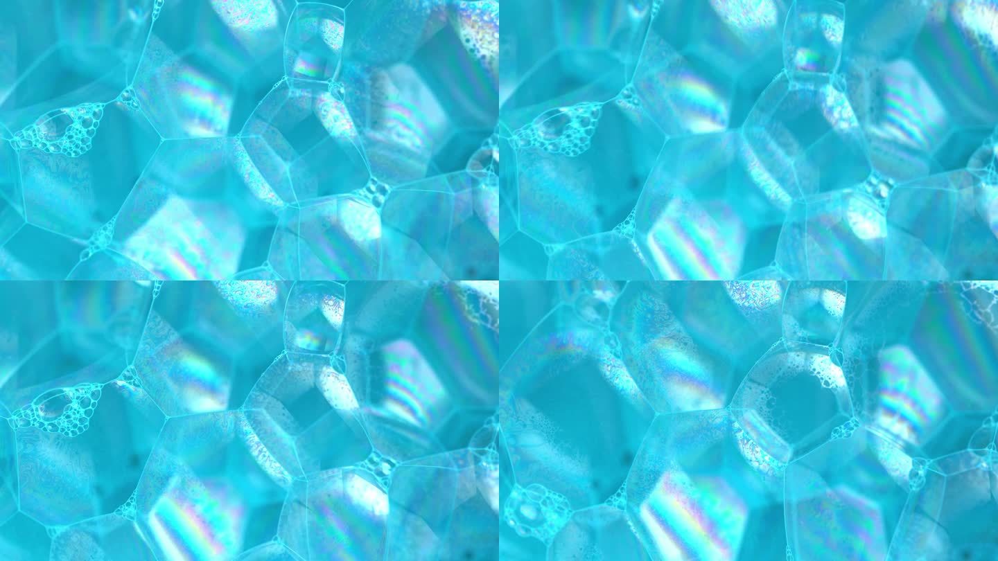 魔术壁纸，魔术香皂宏观结构。蓝色泡沫肥皂与气泡，旋转抽象的背景。彩色肥皂泡沫与弹出的气泡背景。抽象大