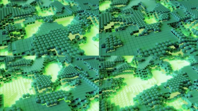 3D动画显示了一个六边形网格上带有发光绿色能量电路的数字景观。