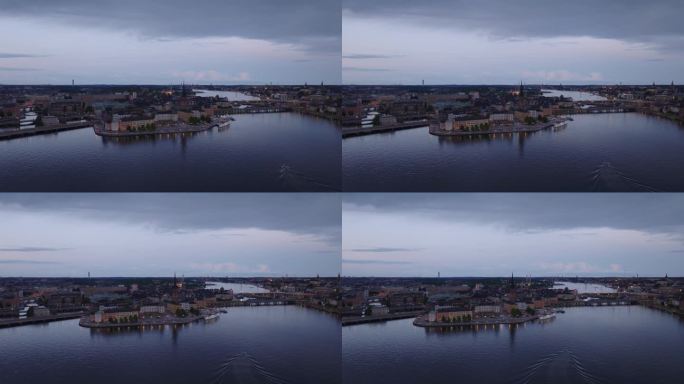 黄昏时分，Riddarholmen岛和Kvarteret Luna的历史景点的航拍幻灯片和全景照片。