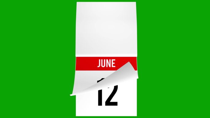六月每日日历与动画翻页和白页在最后写你的信息。日历翻页，翻页书3D动画在绿色屏幕上。