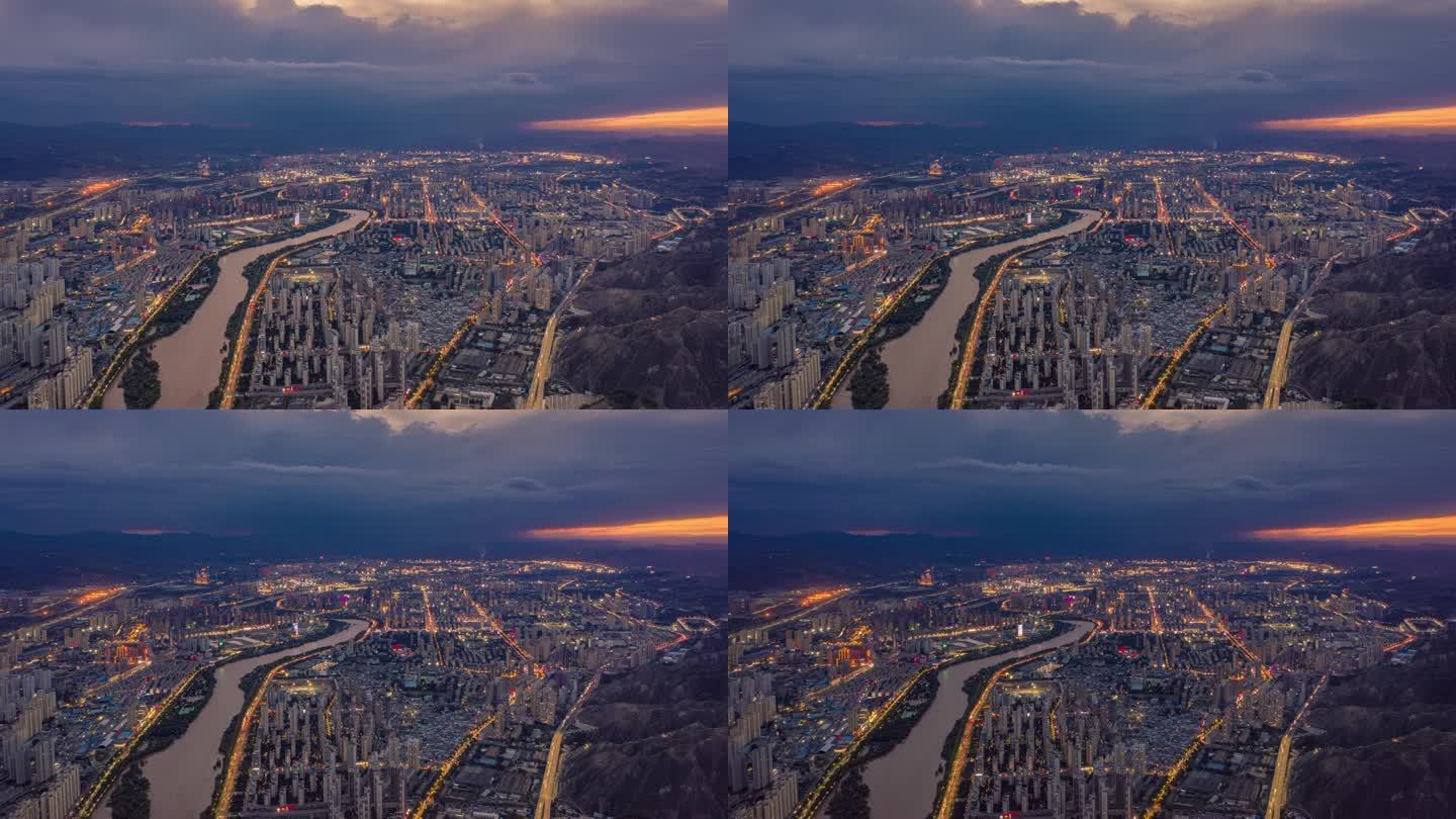 兰州城市黄河夜景航拍延时