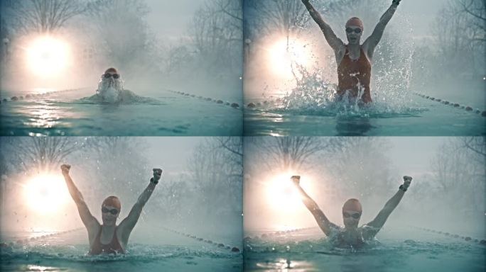 在雾蒙蒙的早晨，兴奋的女游泳运动员从游泳池里出来，举起手臂尖叫