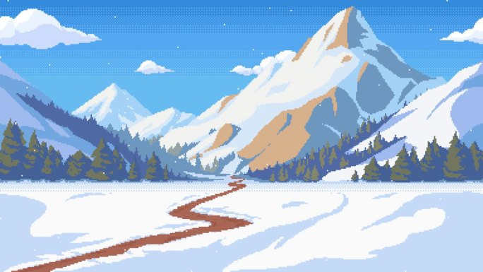 像素艺术循环动画背景与雪山，云杉森林和路径穿过雪。
