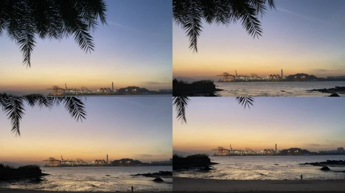 鼓浪屿沙滩边落日夕阳下的港口码头