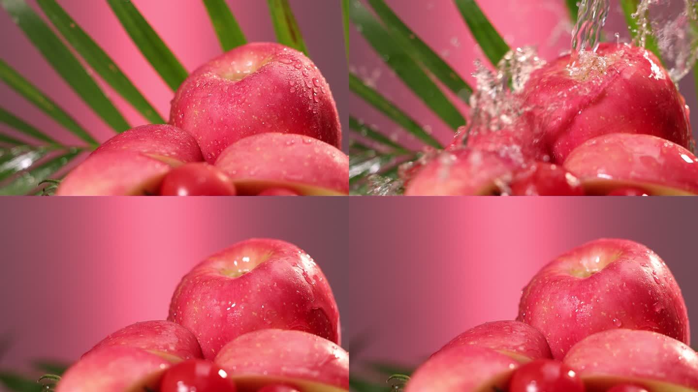 水果组合 水落到苹果上高清实拍  升格