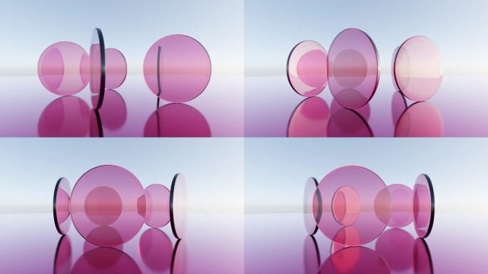 动态几何玫瑰:五个透明的粉红色玻璃圆盘旋转成一个圆圈的抽象3D动画