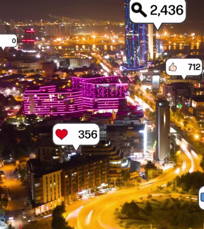 社交媒体图标在城市中心上空飞舞，展示了人们通过社交网络应用平台的互惠联系。在线社区和社交媒体营销策略