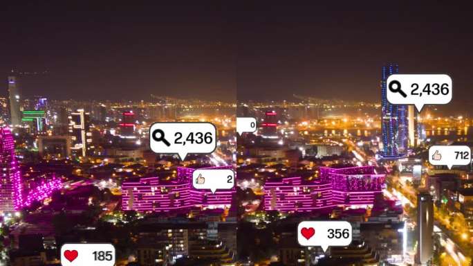 社交媒体图标在城市中心上空飞舞，展示了人们通过社交网络应用平台的互惠联系。在线社区和社交媒体营销策略