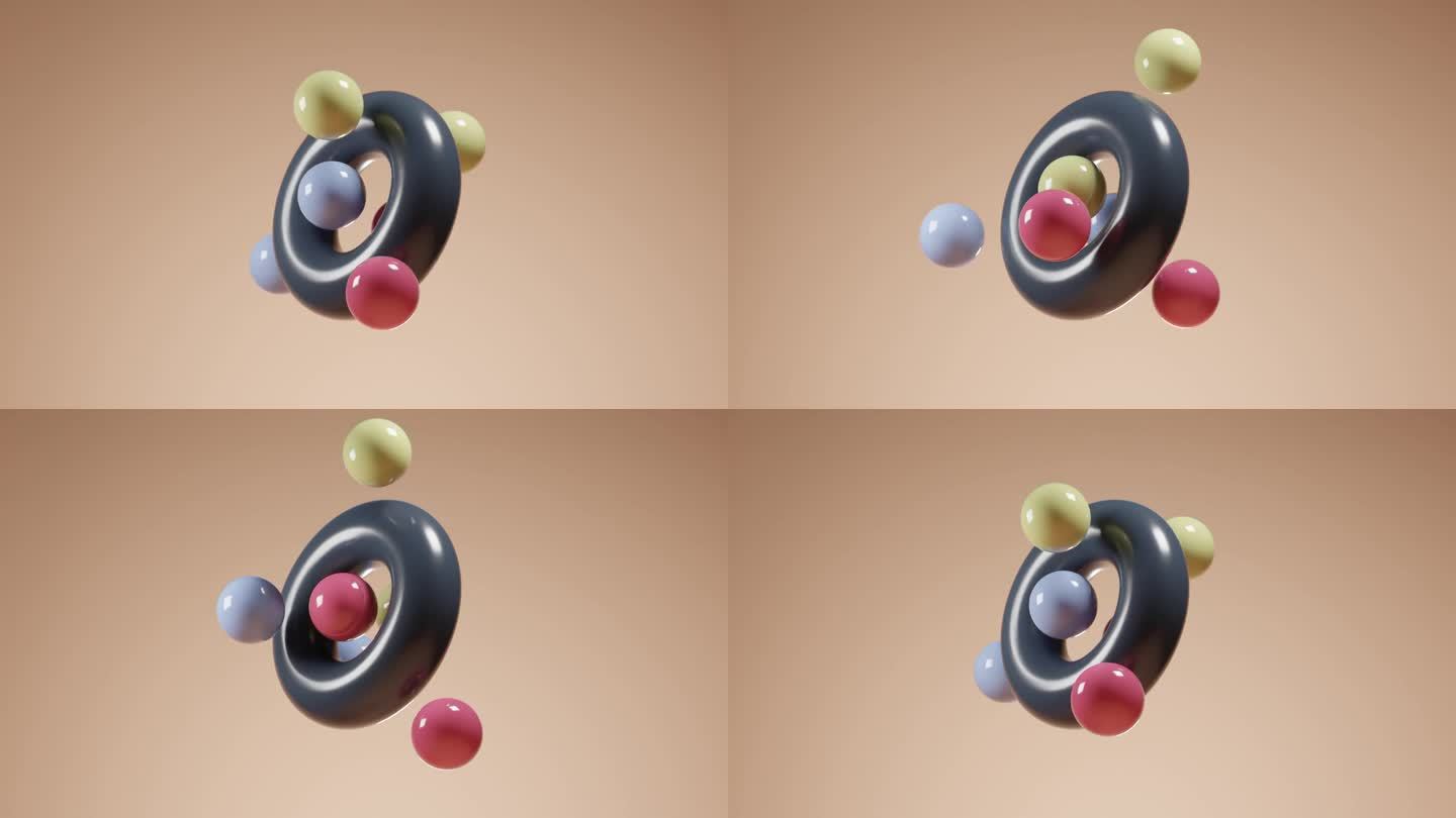动态几何旋转:在桃色背景上围绕黑色环面旋转的彩色球体的抽象3D动画