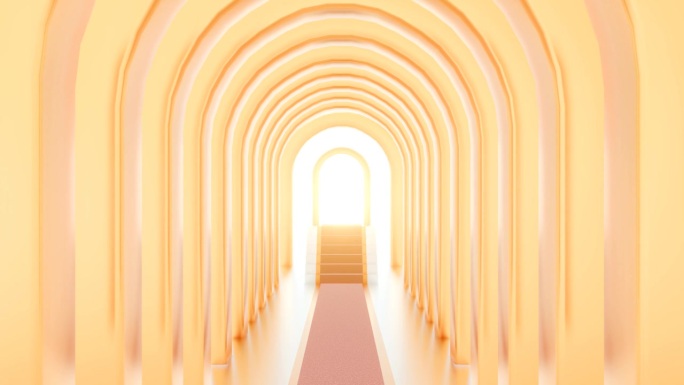 3D动画的一个长，一个金色的拱门通向一个辐射的光在远处