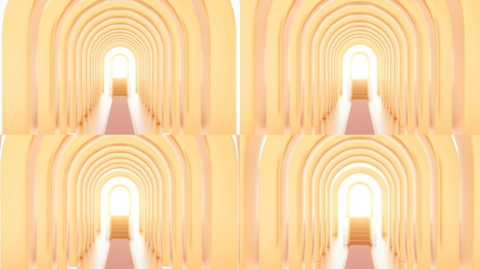 3D动画的一个长，一个金色的拱门通向一个辐射的光在远处
