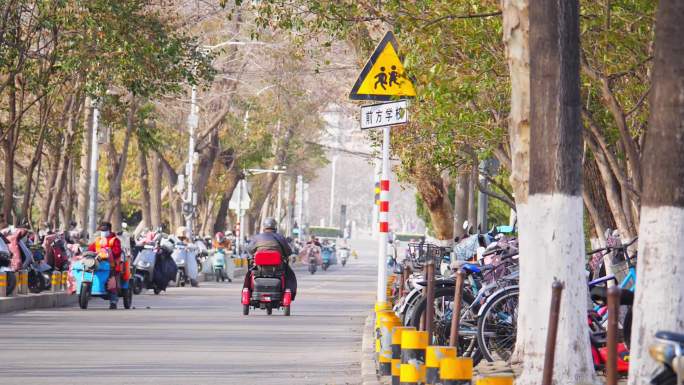 校园 门口 自行车 学校 道路 行人