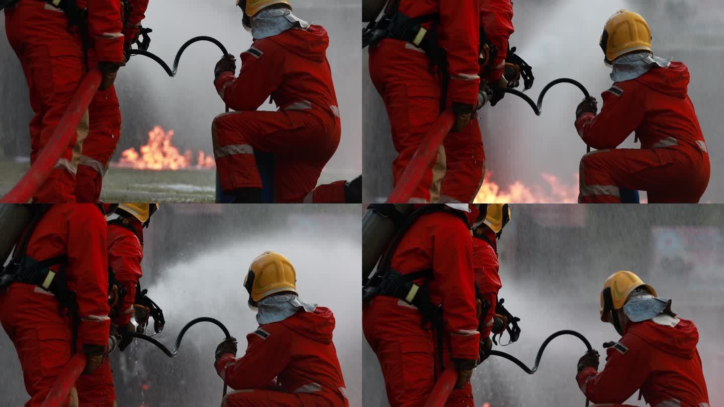 消防队员用高压喷嘴向被浓烟包围的火场喷水。