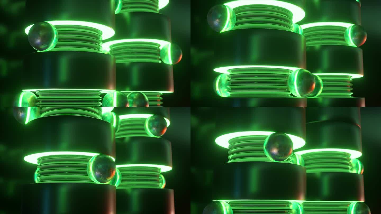 发光的霓虹灯结构与反射球在黑暗，神秘的3D动画设置。