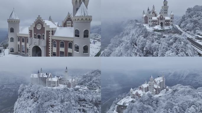 冬天雪景城堡高山冰雪雪景航拍