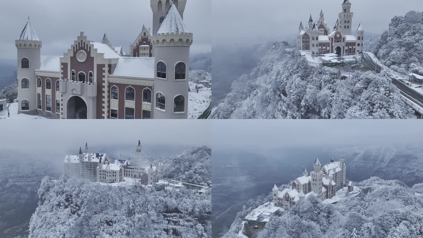 冬天雪景城堡高山冰雪雪景航拍