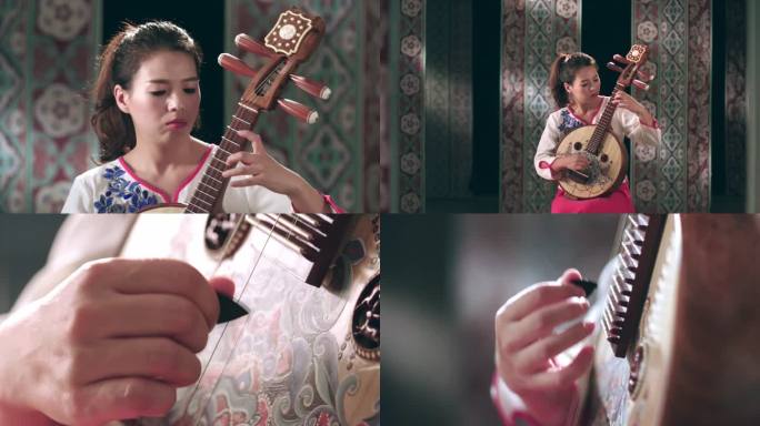 女生弹奏乐器阮咸、国风乐器、传统乐器