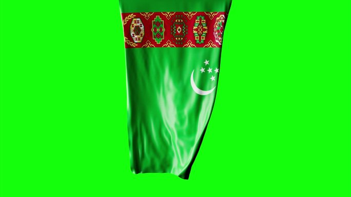土库曼斯坦国旗，卷成圆柱形，在旋转时展开和摆动