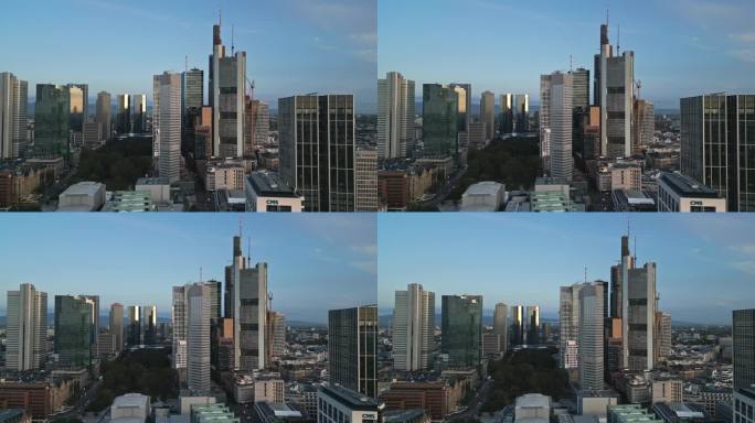 4K鸟瞰法兰克福主要天际线的实时镜头，尽管主要塔楼和现代金融大楼和摩天大楼在清晨时间，德国，欧洲，商