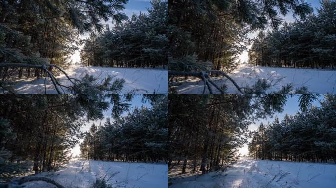 冬季景观与美丽的降雪，延时，相机运动，超延时