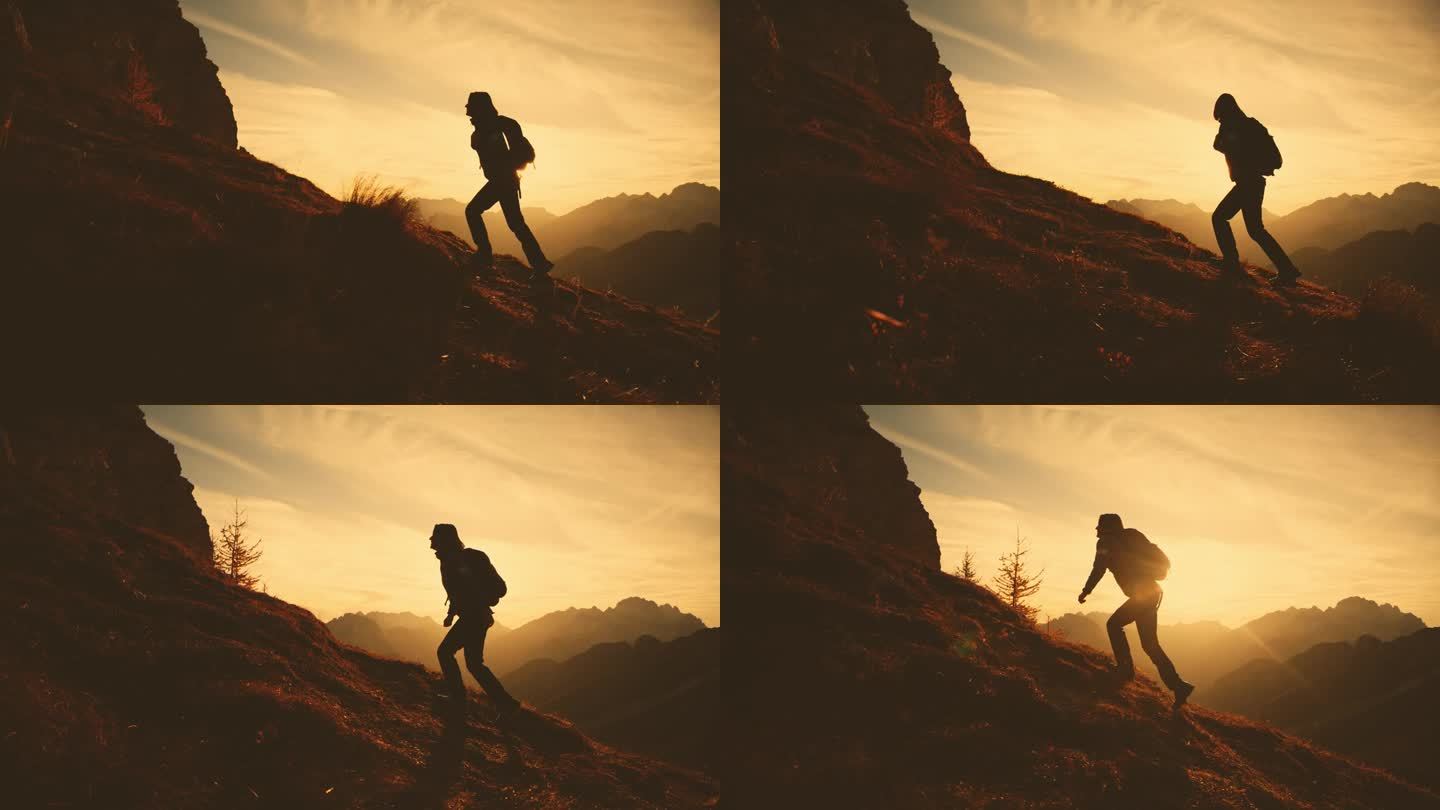 山顶剪影:黄昏时，孤独的女徒步者登上长满草的山坡