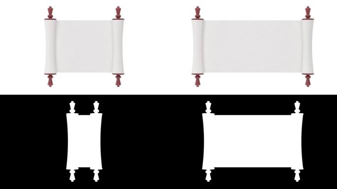 4k分辨率视频:空白的白纸卷轴羊皮纸模型在白色背景上打开Alpha哑光