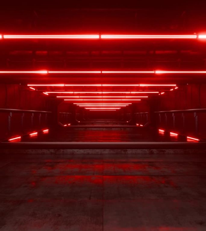 垂直视频。镜头在宇宙飞船的无尽隧道中移动。一望无际的混凝土隧道，亮着红灯。数字通道。事件背景。事件库
