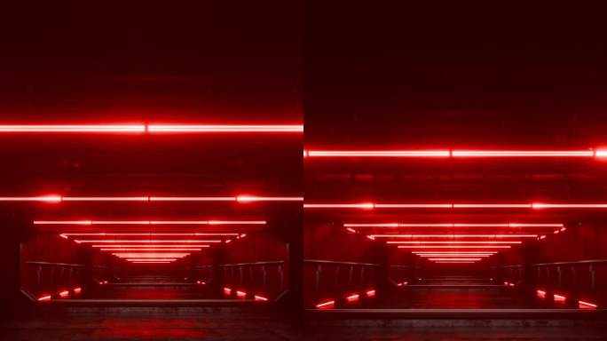 垂直视频。镜头在宇宙飞船的无尽隧道中移动。一望无际的混凝土隧道，亮着红灯。数字通道。事件背景。事件库
