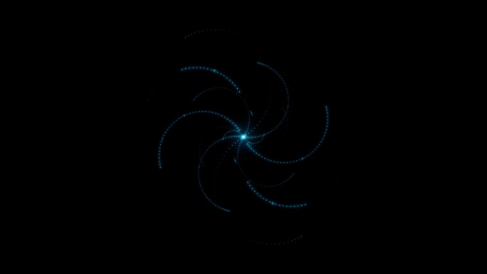许多不同尺度的旋转之字形，由小的闪烁发光的霓虹灯点组成，孤立在黑色的背景上。神圣几何学。4k循环视频