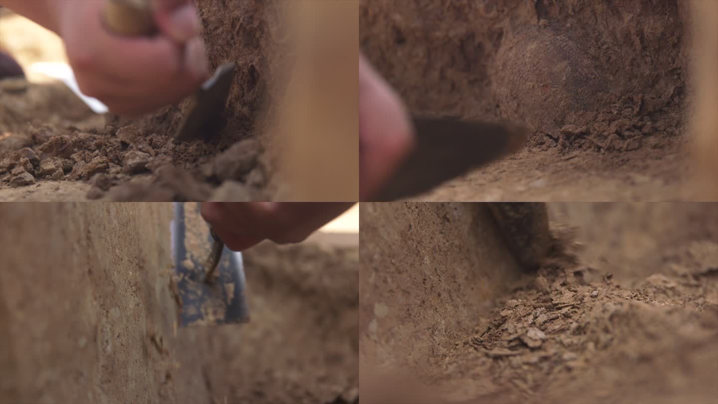 考古人员铲子挖土 考古现场 特写B021