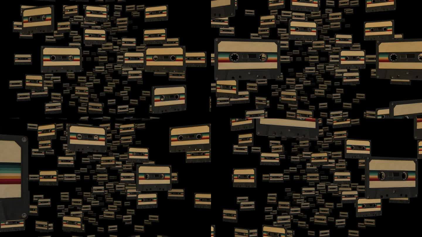 复古的音乐盒式磁带与复古色彩八十年代风格，盒式磁带，艺术深空间，混合磁带复古盒式设计，音乐复古和音频