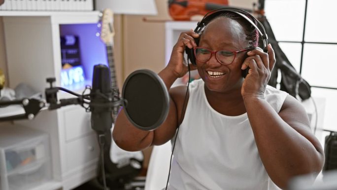 微笑的非裔美国女性，对歌曲充满信心，她的歌声震撼了整个音乐工作室