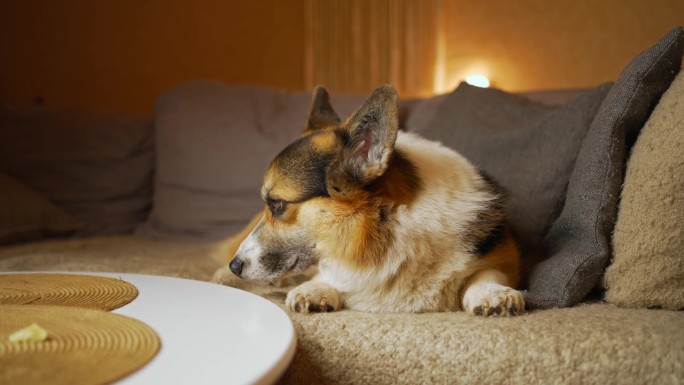 有趣可爱的三色犬威尔士柯基犬躺在家里的沙发上等待家人的特写。4k胶片。和宠物一起生活。四条腿的朋友。