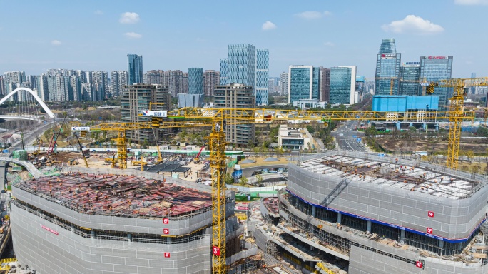 航拍蓝天下成都高新区城市建筑工地施工延时