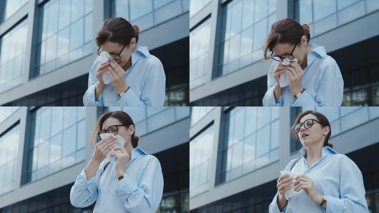 不健康的女人打喷嚏用纸巾擤鼻子，季节性过敏