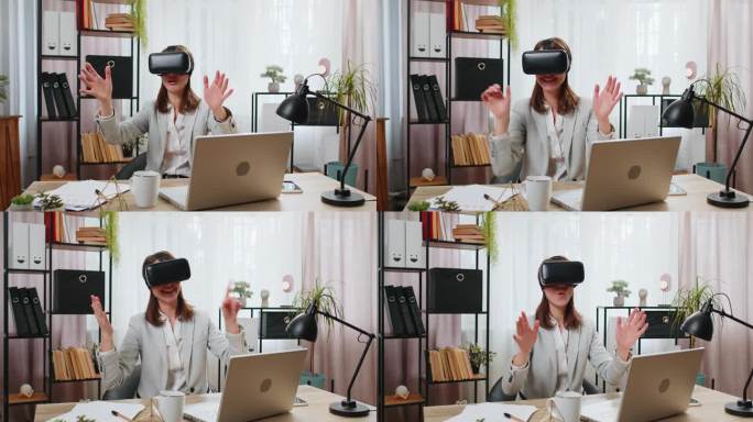 女商人使用虚拟现实未来科技VR应用头戴式耳机在办公室模拟3D