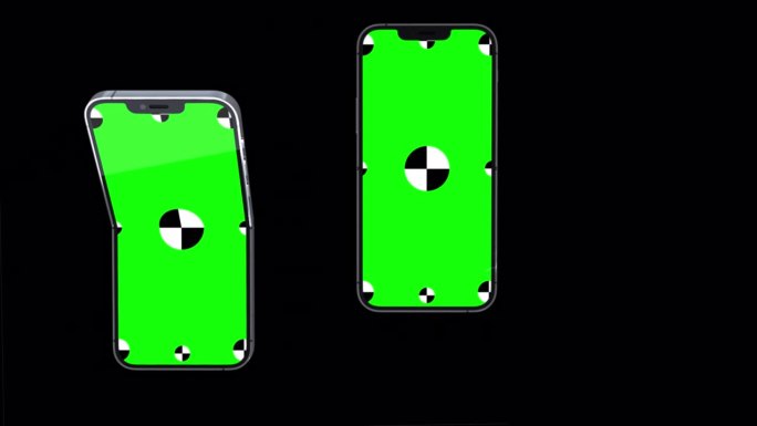 三维渲染的三个折叠智能手机与绿色背景。在屏幕中旋转。有一个绿色的屏幕，方便键控。计算机生成的图像。简