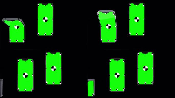 三维渲染的三个折叠智能手机与绿色背景。在屏幕中旋转。有一个绿色的屏幕，方便键控。计算机生成的图像。简