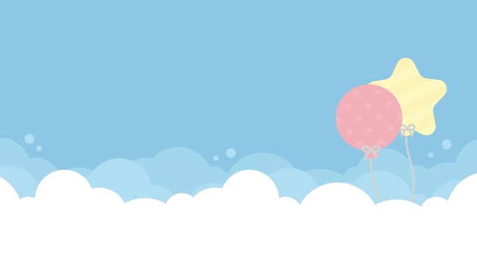 可爱的白云与浮动柔和的彩色气球在明亮的蓝天动画背景。