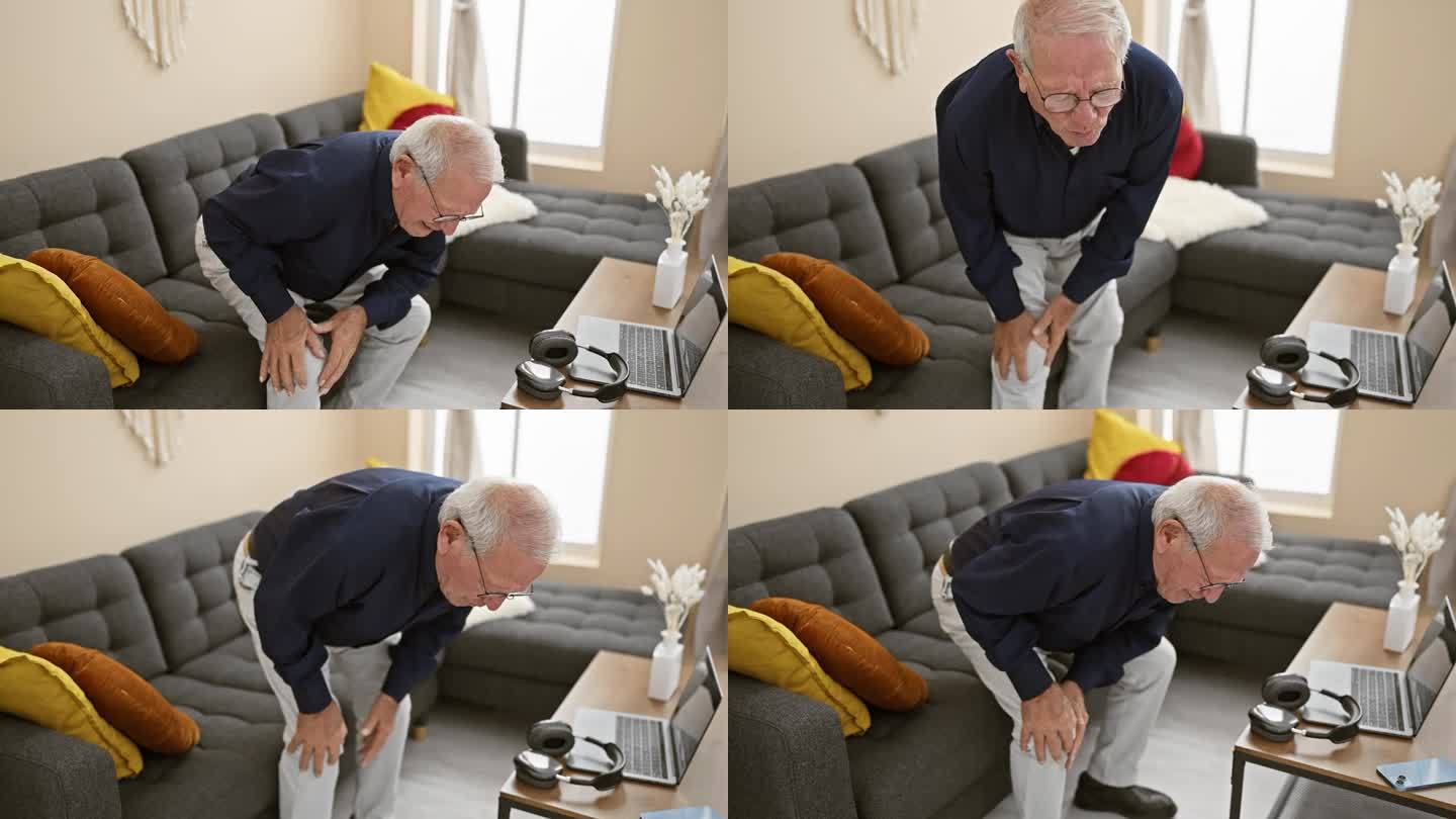 一个膝盖疼痛的老人，独自坐在家里的沙发上，头发花白，戴着眼镜，在客厅里露出焦虑的表情