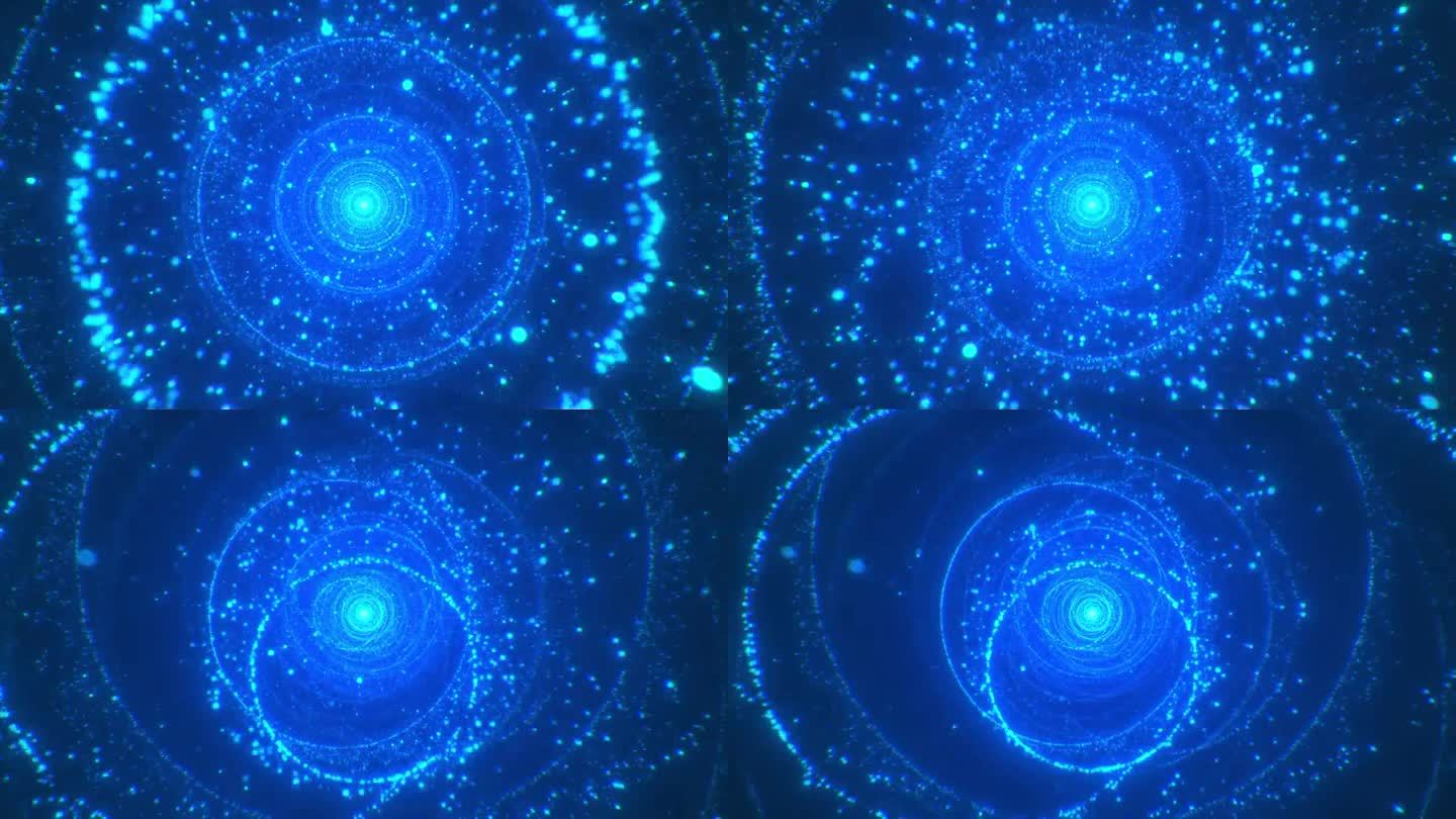 飞行通过一个抽象的圆形蓝色发光的数字未来主义霓虹灯VJ隧道由闪亮的粒子和线条。科幻光能条纹效应。4K