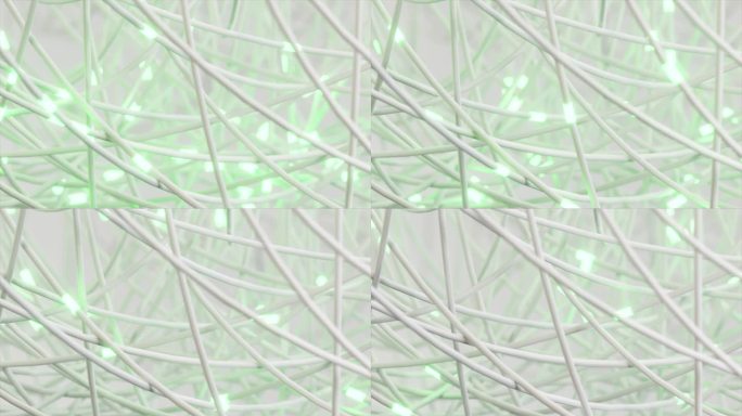 交织的白色电线与软绿色高光在一个混乱的网络。