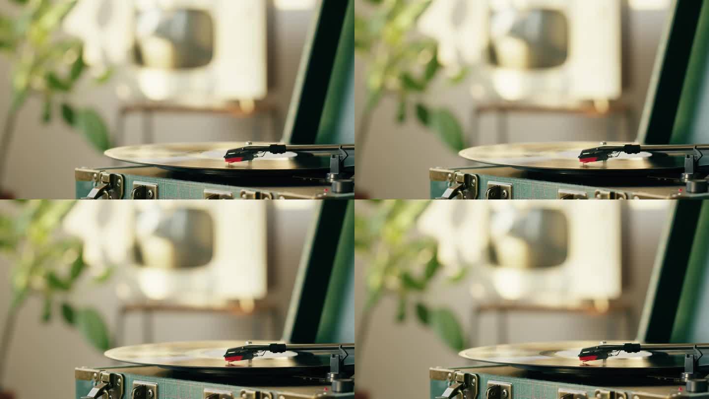 黑胶唱片特写。老式黑唱片旋转。复古音乐播放器在客厅的家庭背景。