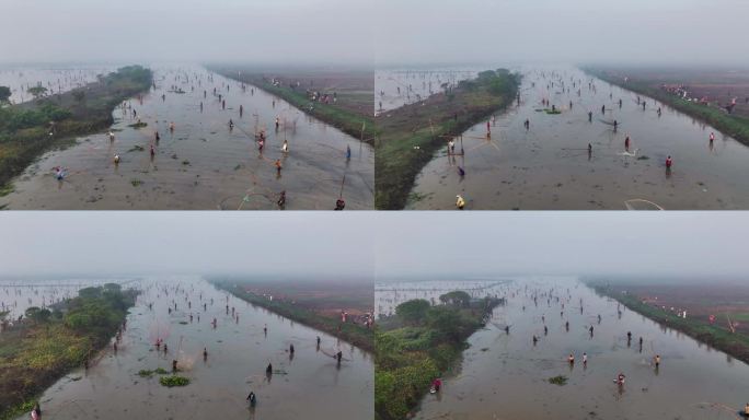 从鸟瞰图上可以看到孟加拉国雾气蒙蒙的湖面上的冬季渔节。