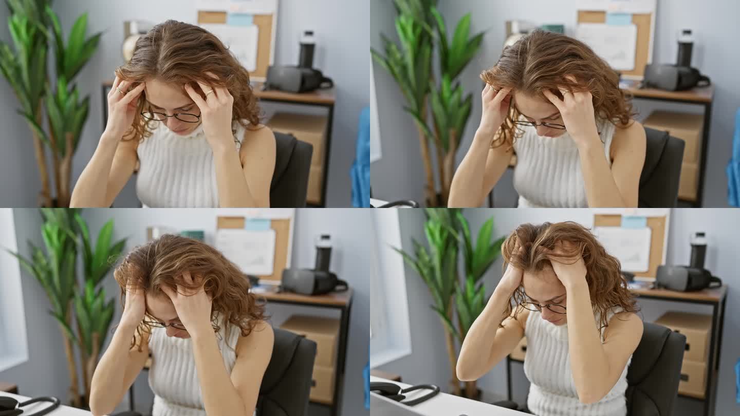漂亮的年轻女子在工作中压力很大，手放在头上，在办公室遭受偏头痛的折磨