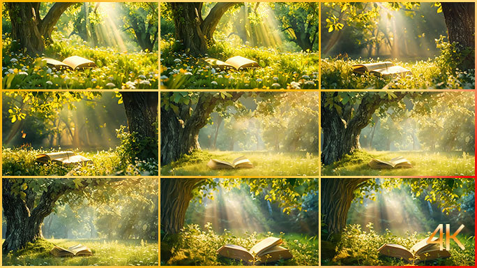 阳光透过大树照射书本/唯美读书学习环境