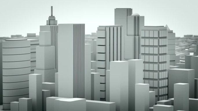 白色的未来城市3D模型。建筑物慢慢地从地上拔地而起