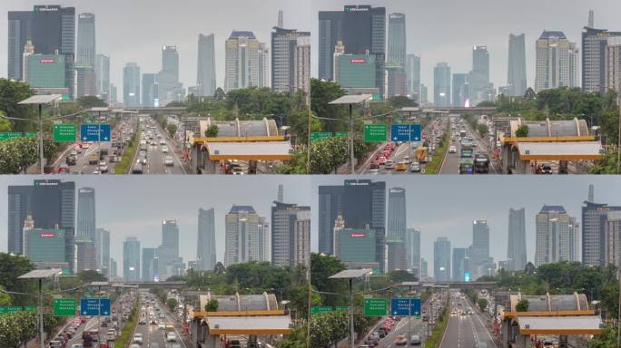 天雾霾雅加达市区交通街道道路收费桥顶部全景4k延时拍摄印度尼西亚