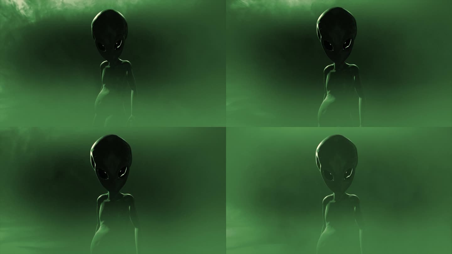 一个经典的，皮肤光泽的罗斯威尔灰色外星人的3D CGI推入镜头，看起来怪异而威胁，在一个不祥的旋转云